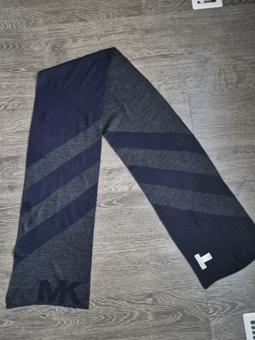 Michael Kors Navy and Charcoal Gray Striped Knit Scarf